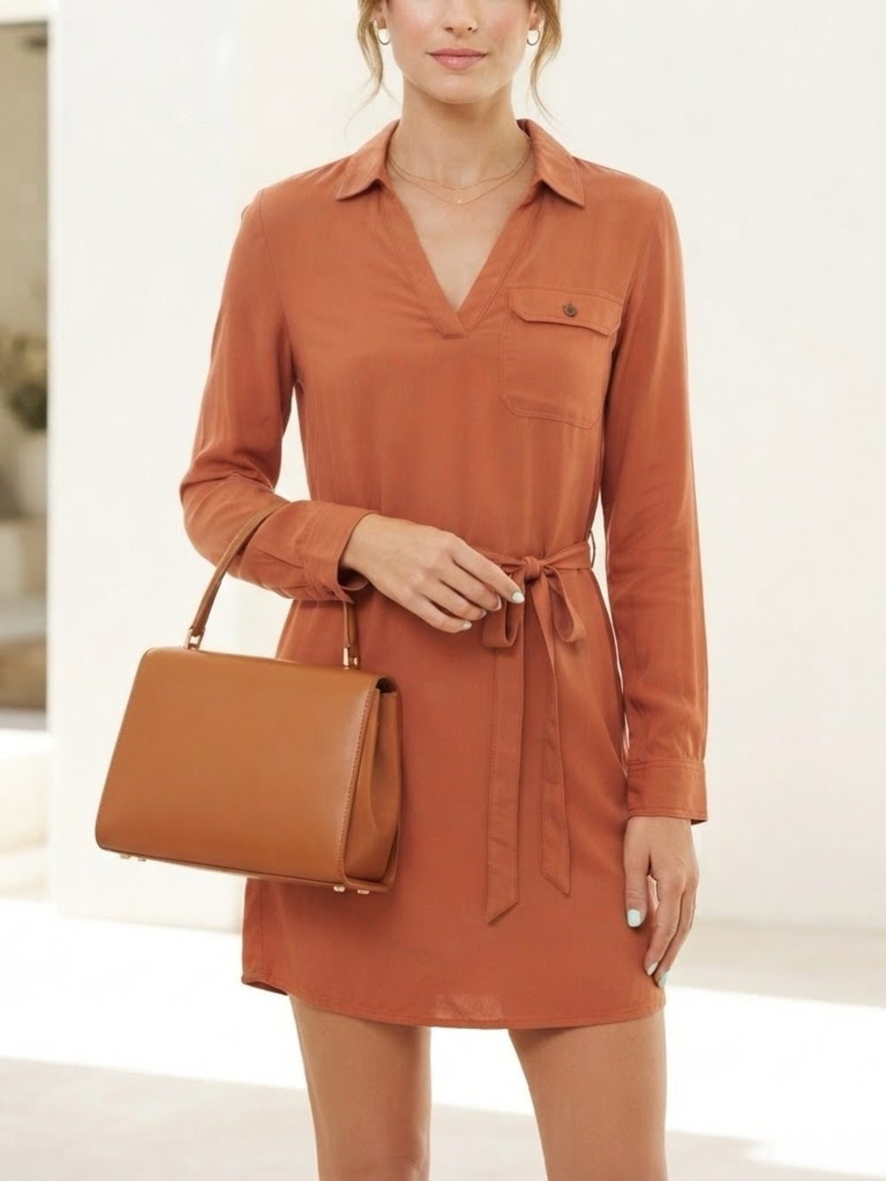 🌸No Comment long-sleeve peach V-neck shirt dress Size small